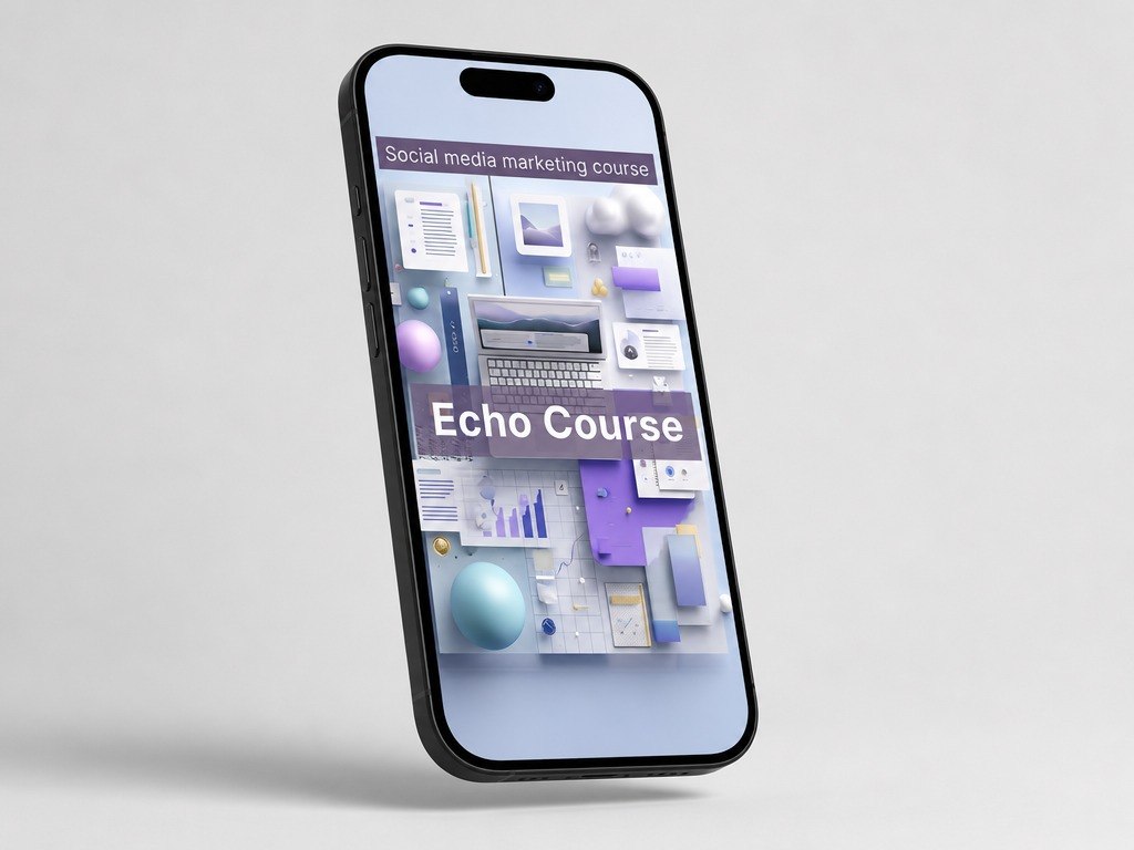 Phone displaying a social media marketing course on a light gray background