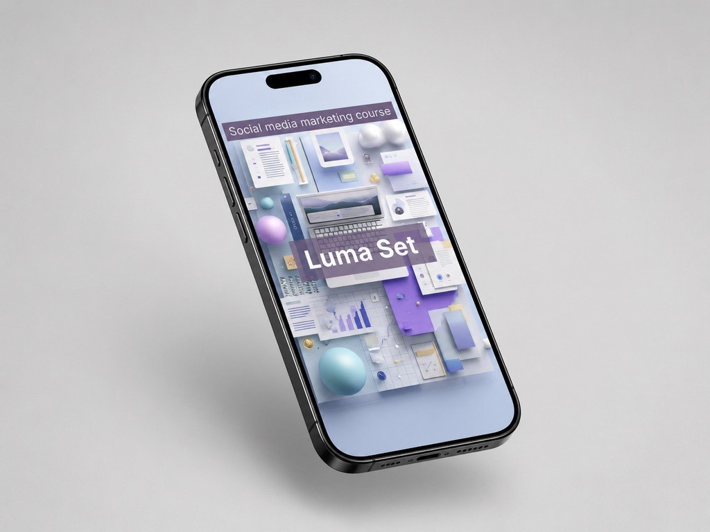 Smartphone displaying a social media marketing course with 'Luma Set' branding on a light gray background