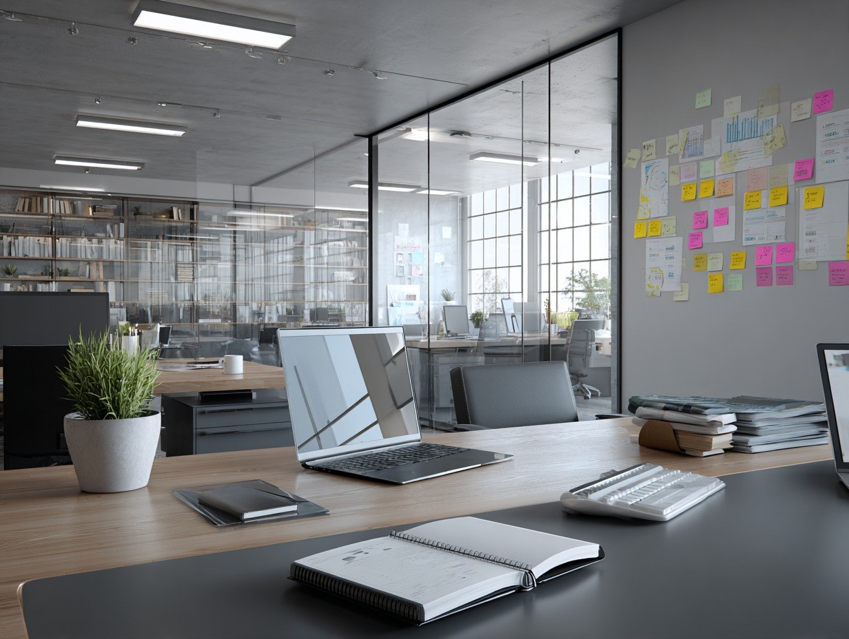 Modern office space with desks, laptops, and office supplies.