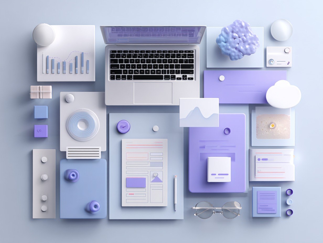 Collage of office supplies and technology on a light blue background