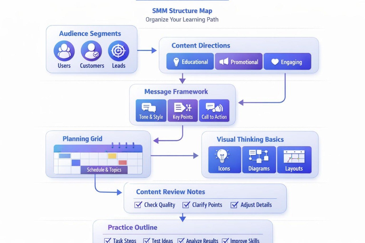 Flowchart of SMM (Social Media Marketing) structure map on a white background