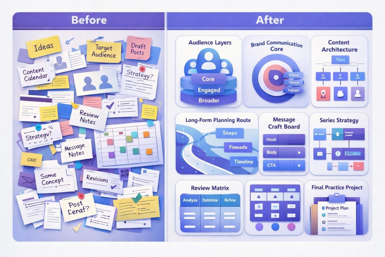 Comparison of content creation process before and after using a software tool with colorful interface elements.