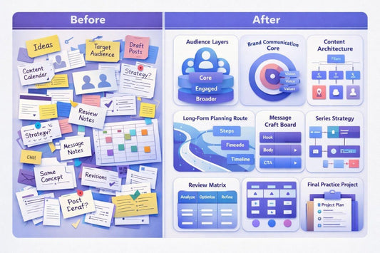 Comparison of content creation process before and after using a software tool with colorful interface elements.