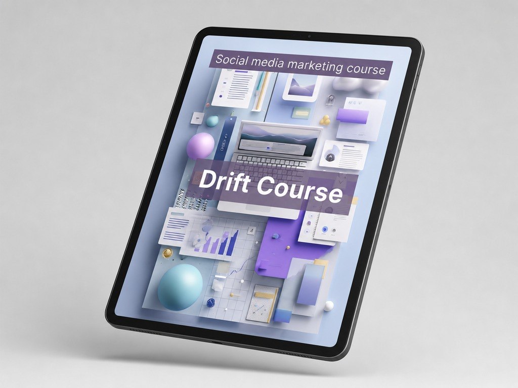 Tablet displaying a social media marketing course with 'Drift Course' text on a light gray background