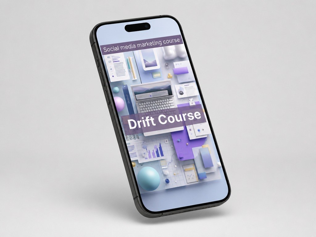 Phone displaying a social media marketing course app on a light gray background