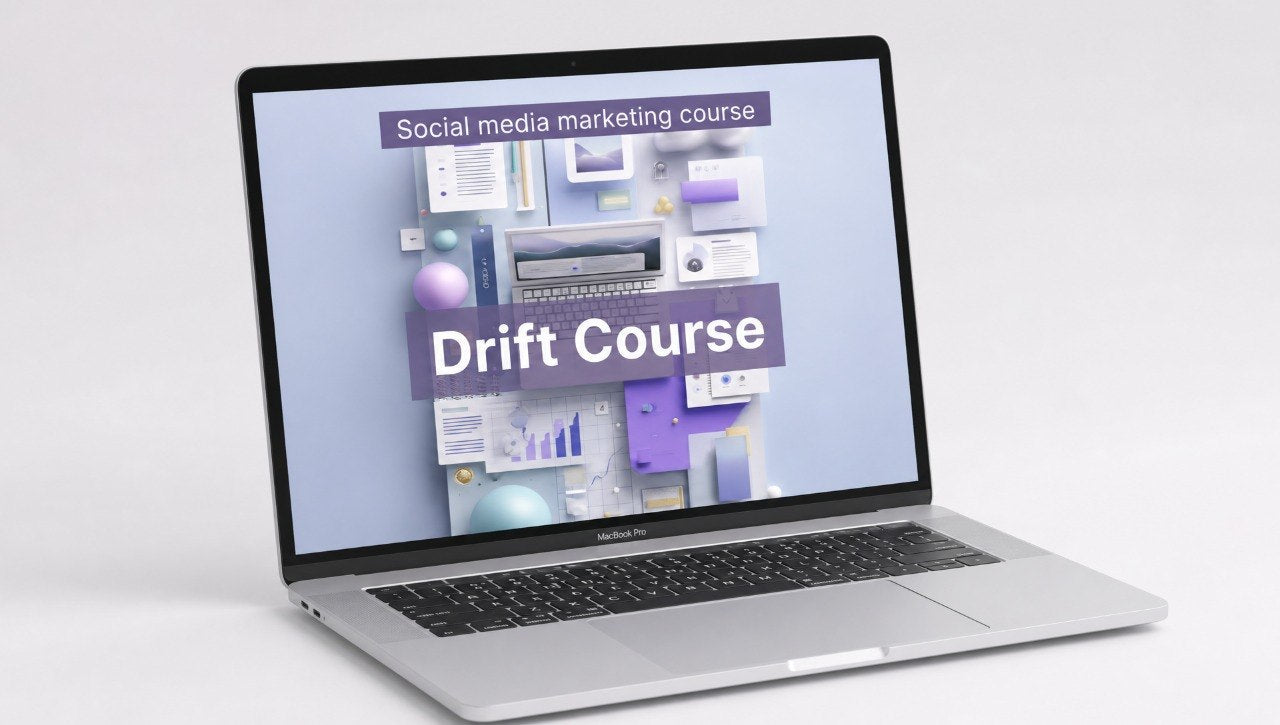 Laptop displaying a social media marketing course on a white background