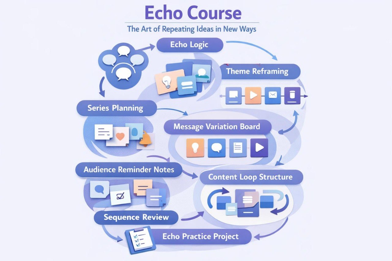 Flowchart titled 'Echo Course' with various steps on a light purple background
