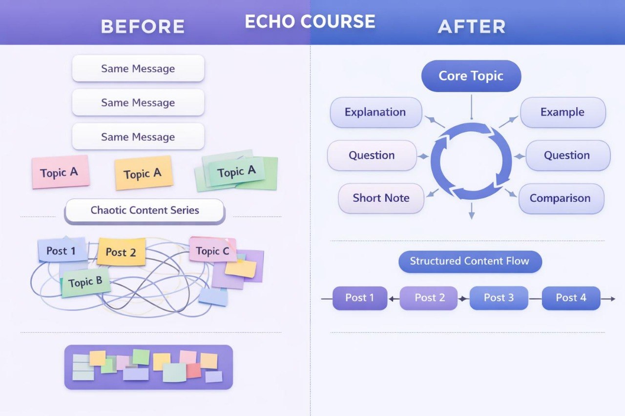 Comparison chart showing 'Before' and 'After' content structuring with Echo Course tools.