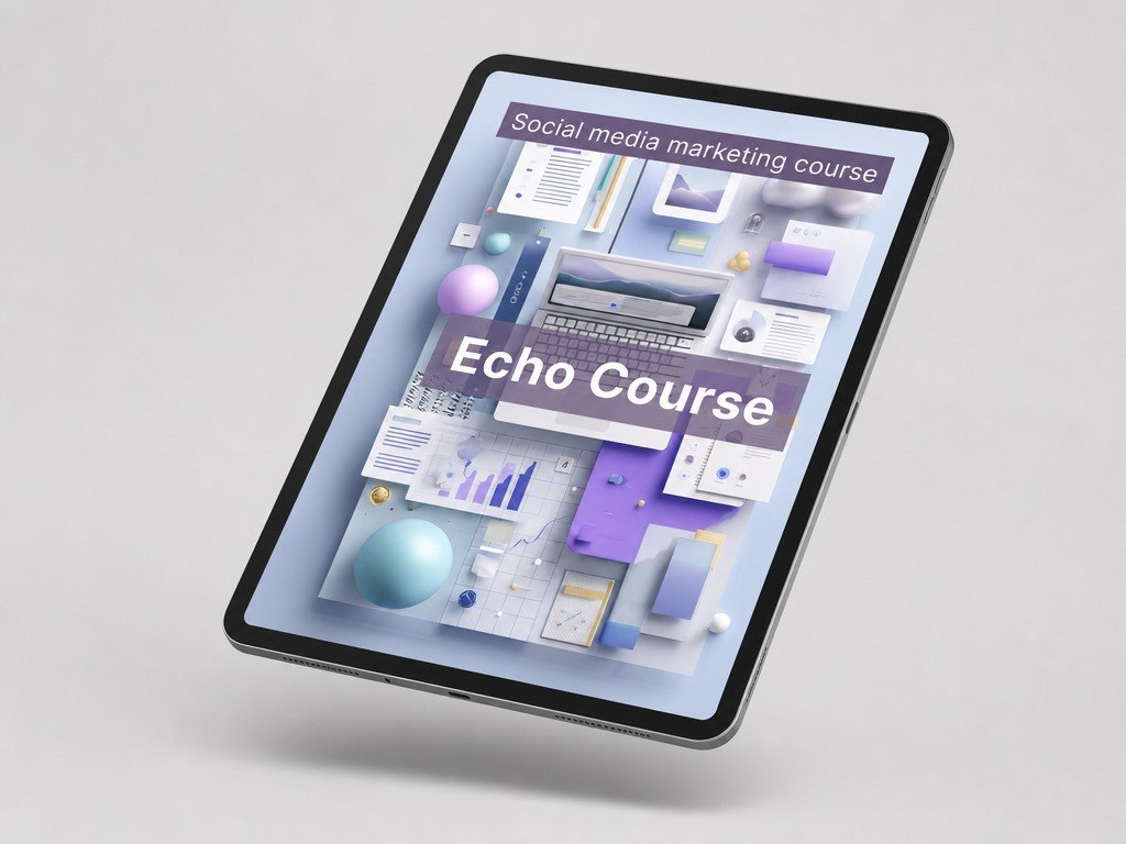 Tablet displaying a social media marketing course with 'Echo Course' branding on a light gray background