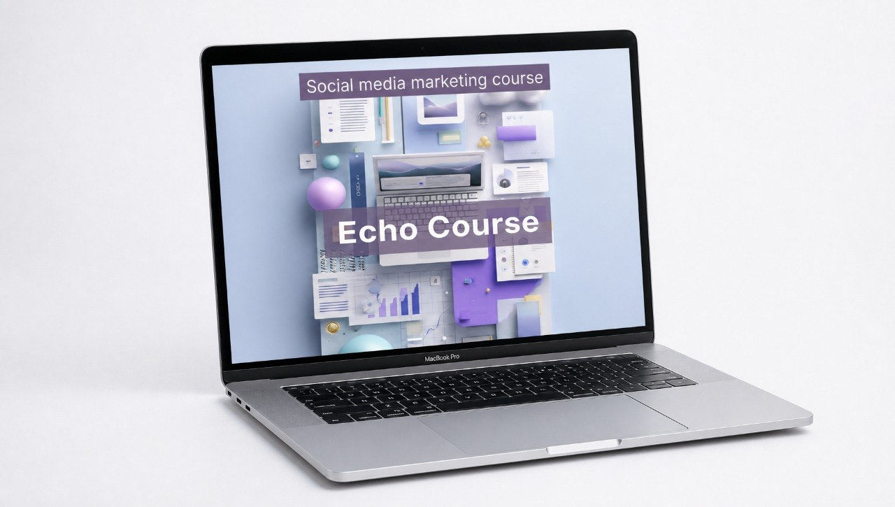 Laptop displaying a social media marketing course on the screen with 'Echo Course' branding.