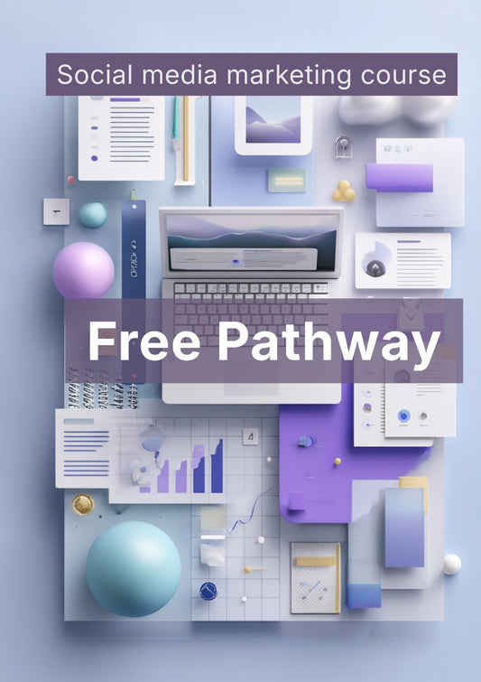Promotional graphic for a social media marketing course with a laptop, papers, and graphics on a blue background.