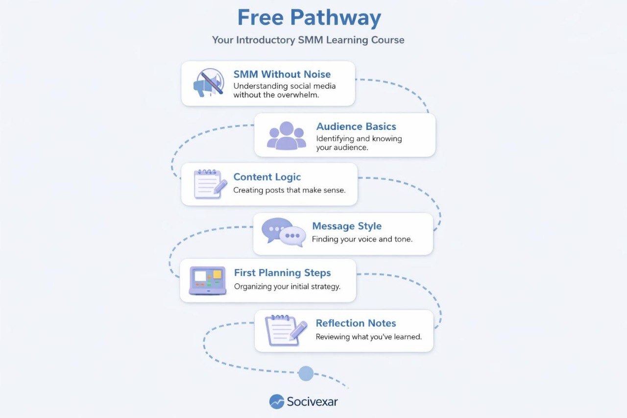 Free SMM learning course pathway with steps and Socivexar branding on a white background