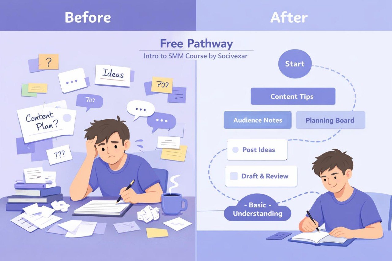 Before and after comparison of a person studying with text and icons on a purple background.