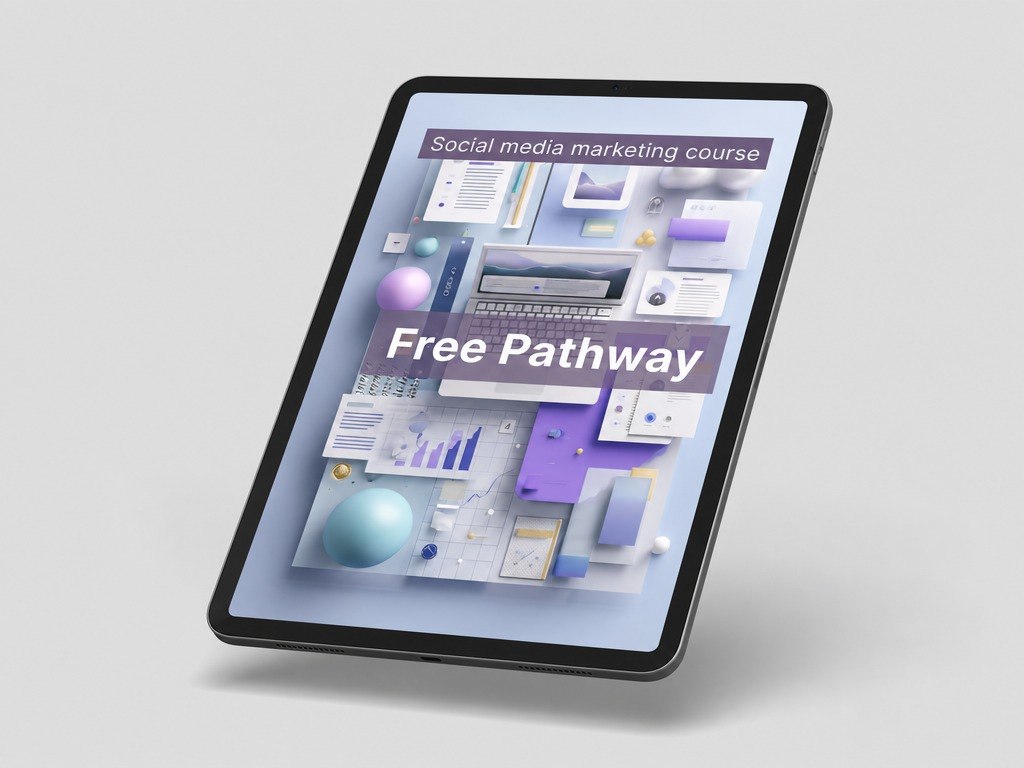 Tablet displaying a social media marketing course with 'Free Pathway' text on a light gray background