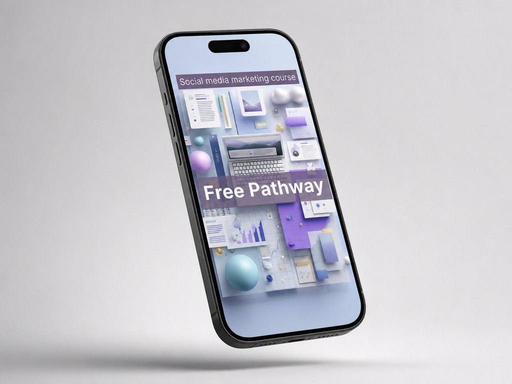Phone displaying a social media marketing course with 'Free Pathway' text on a light gray background