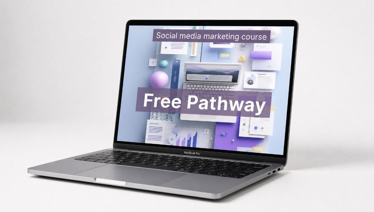 Laptop displaying a social media marketing course with 'Free Pathway' text on a white background