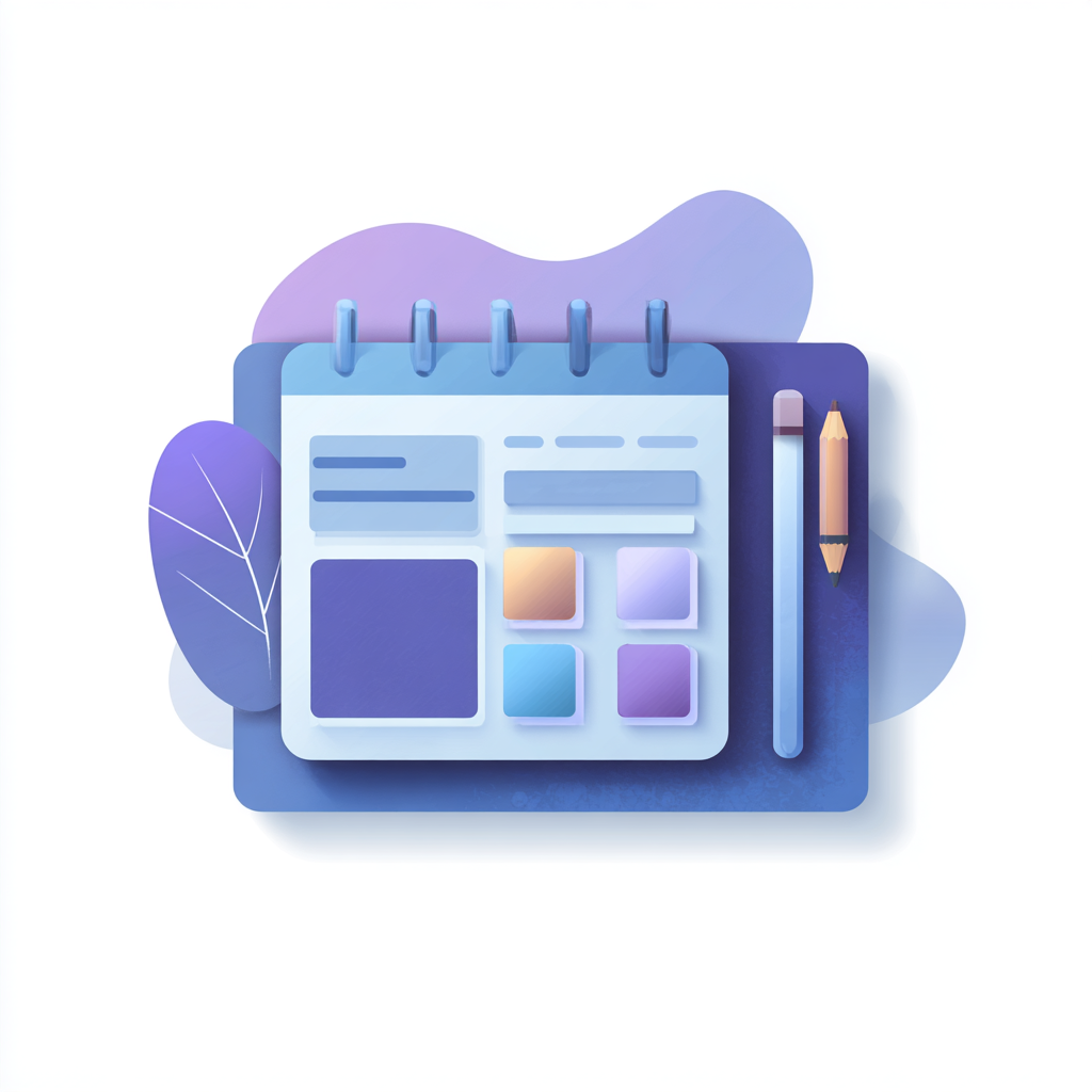 Illustration of a calendar with color swatches and a pencil on a light purple background