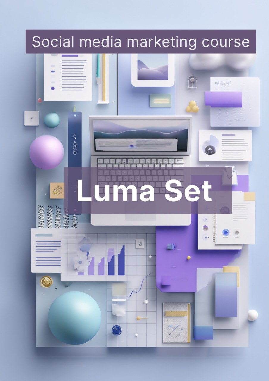 Collage of digital elements with text 'Social media marketing course Luma Set' on a blue background