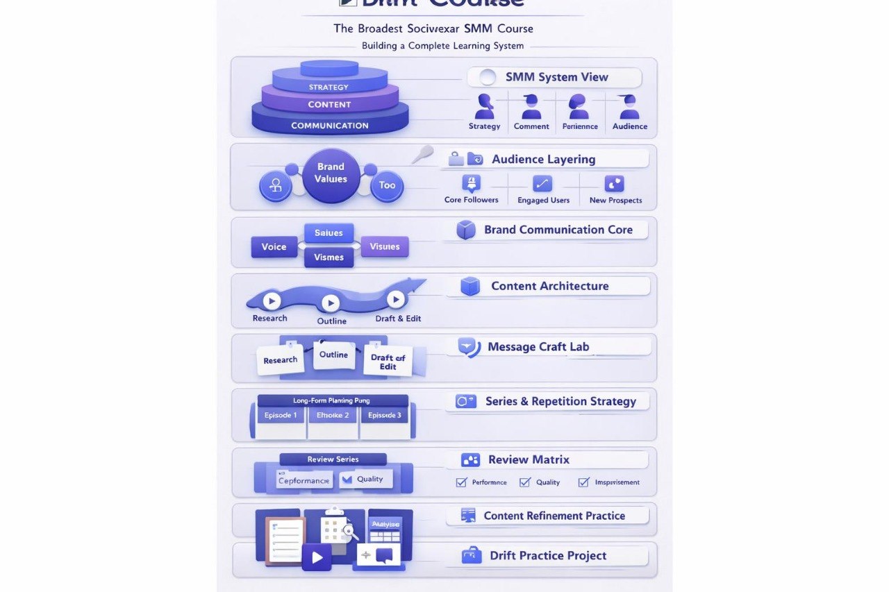 Diagram of a SMM (Social Media Marketing) course structure on a white background