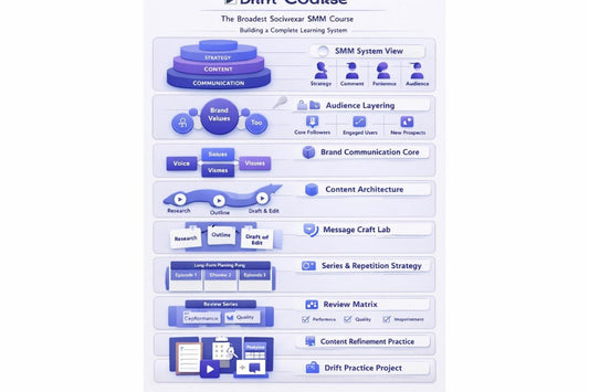 Diagram of a SMM (Social Media Marketing) course structure on a white background