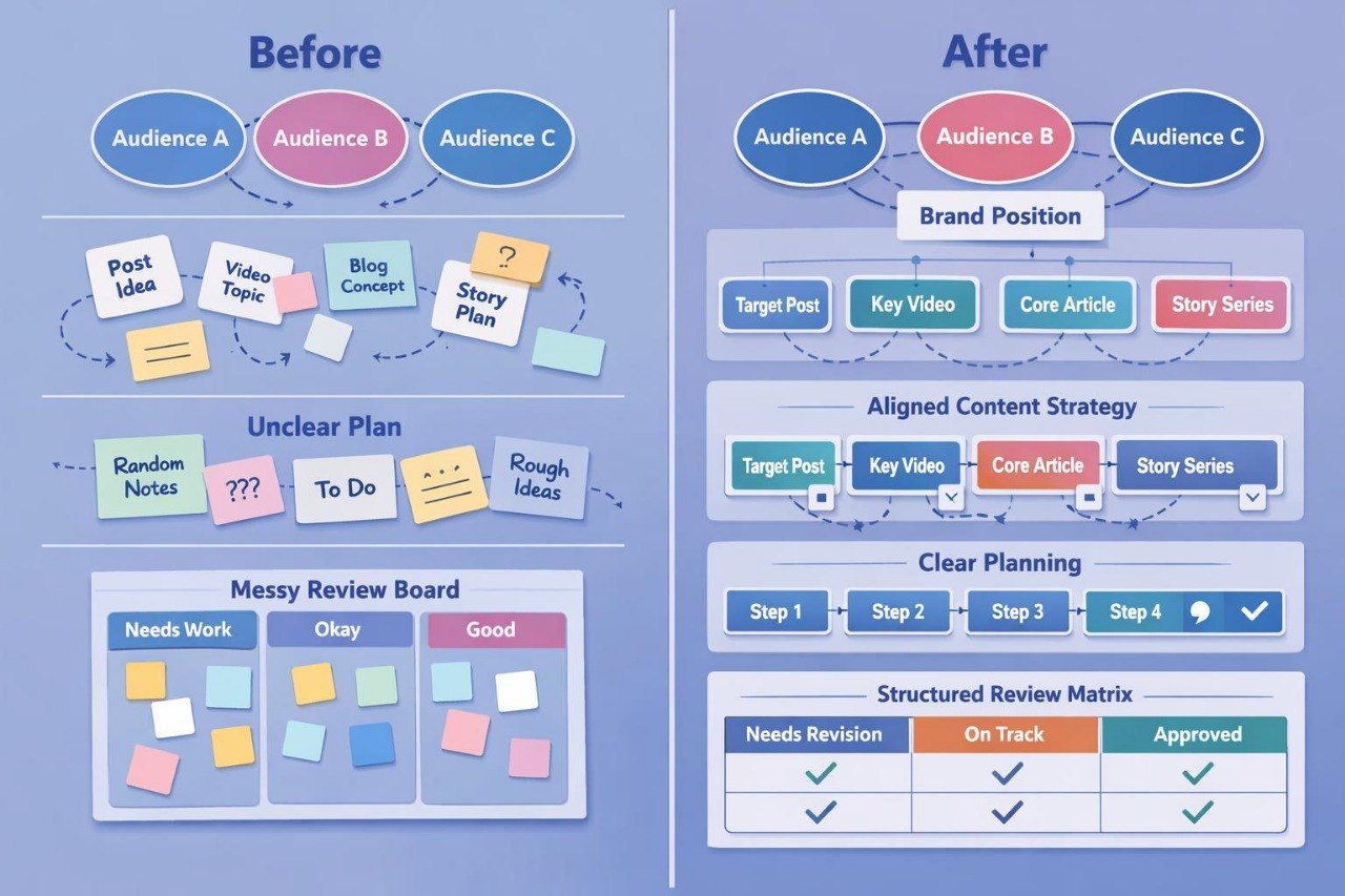 Before and after comparison of content strategy planning with colorful diagrams and text.