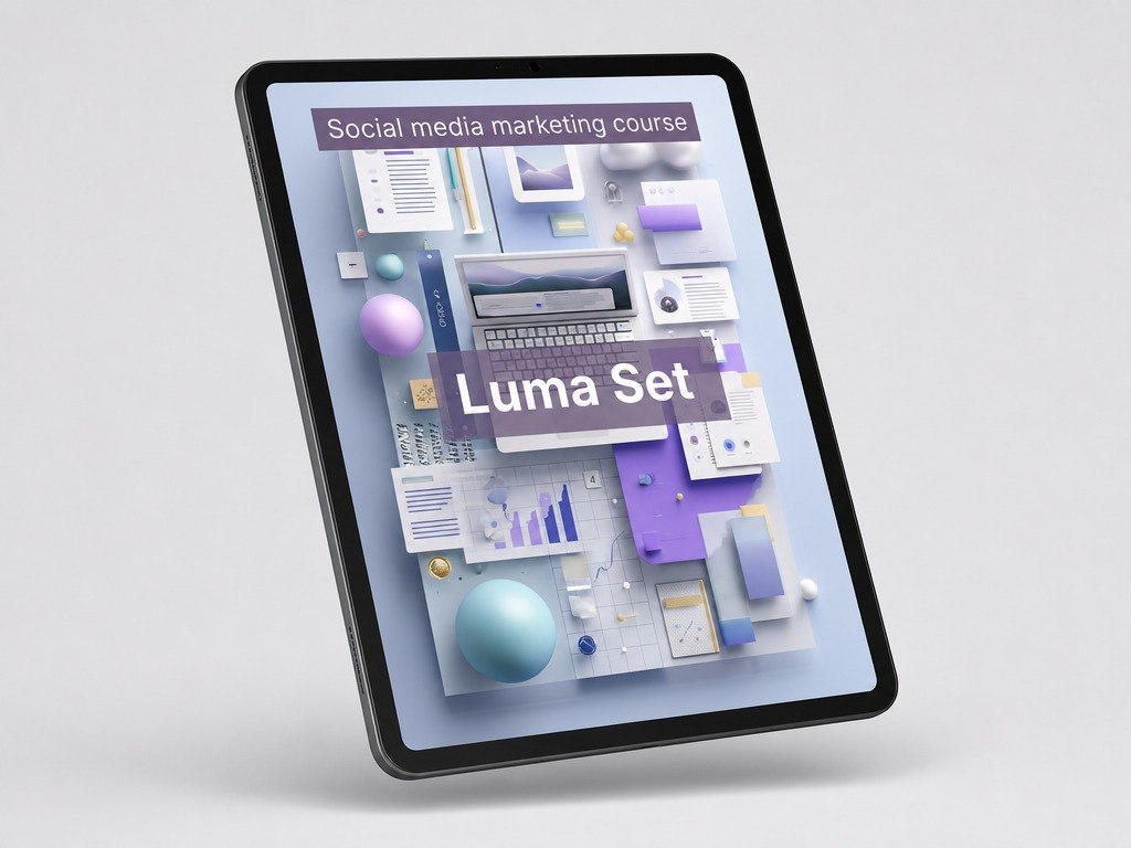 Tablet displaying a social media marketing course with 'Luma Set' branding on a light gray background