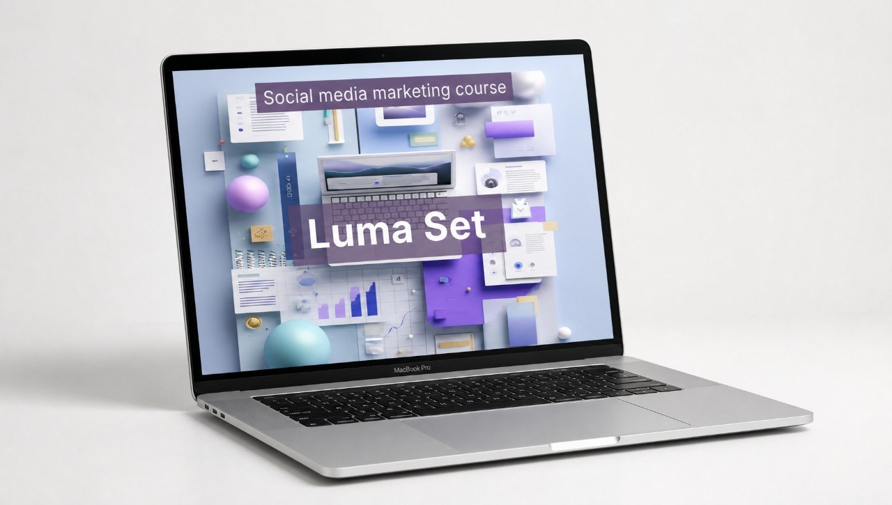 Laptop displaying a social media marketing course with 'Luma Set' branding on a white background