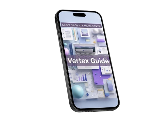 Phone displaying a social media marketing course with 'Vertex Guide' on a white background