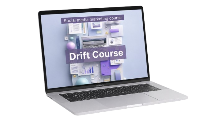 Laptop displaying a social media marketing course on the screen with 'Drift Course' text.