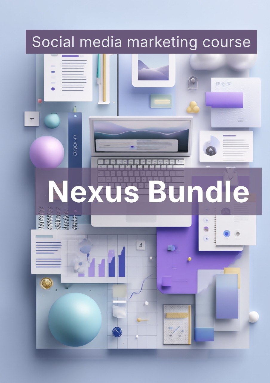 Nexus Bundle for social media marketing course with digital devices and graphics on a blue background