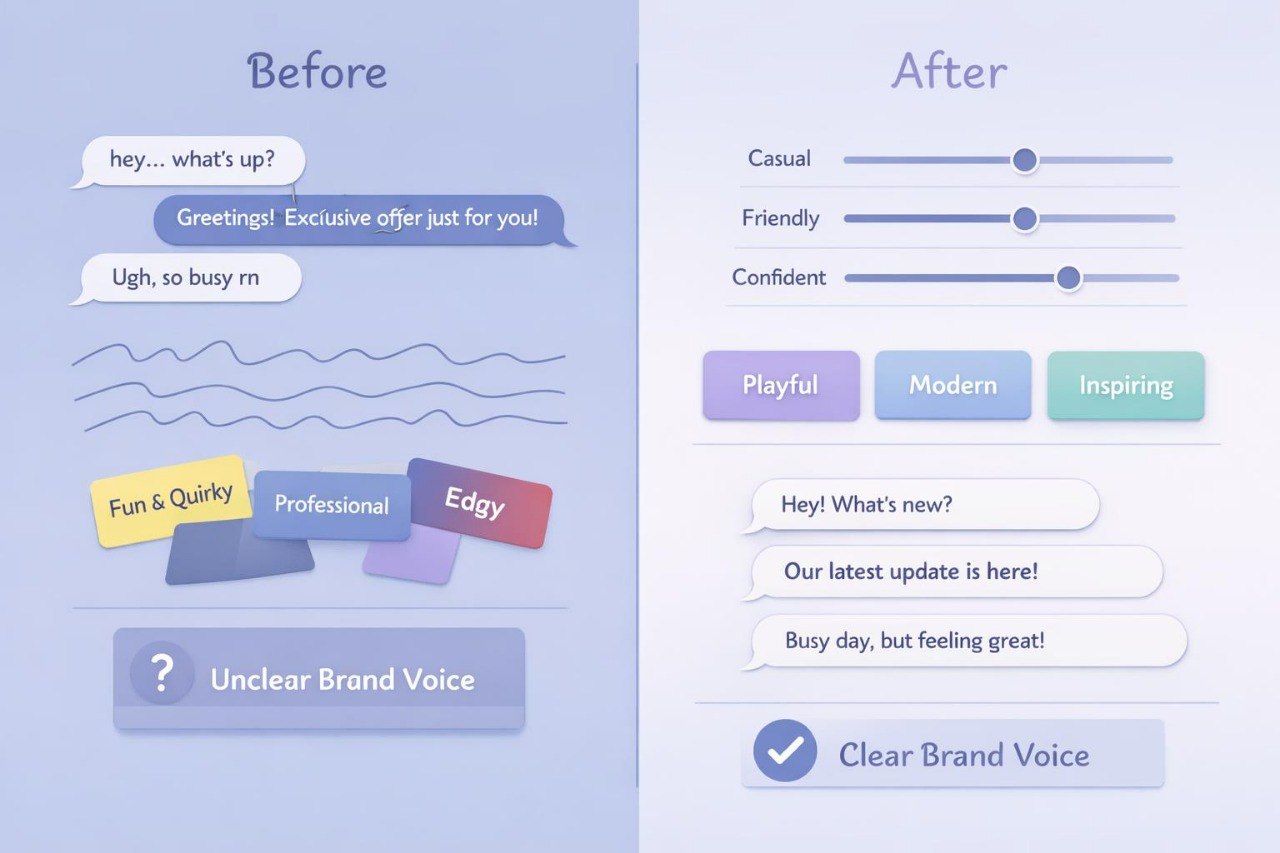 Comparison of text messages labeled 'Before' and 'After' with brand voice categories.