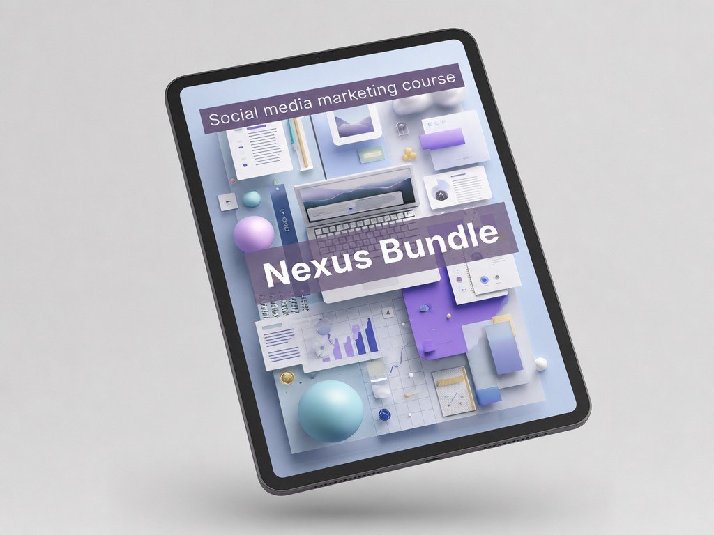 Digital tablet displaying a social media marketing course with 'Nexus Bundle' text on a light gray background