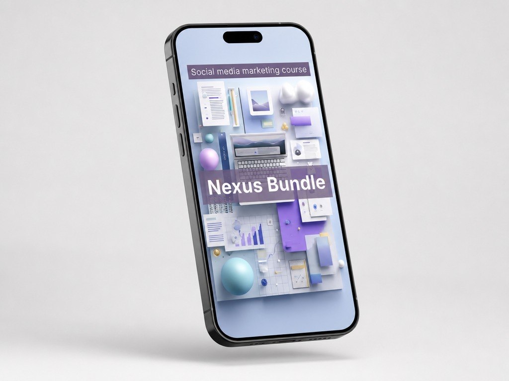 Phone displaying a social media marketing course with 'Nexus Bundle' text on a light gray background