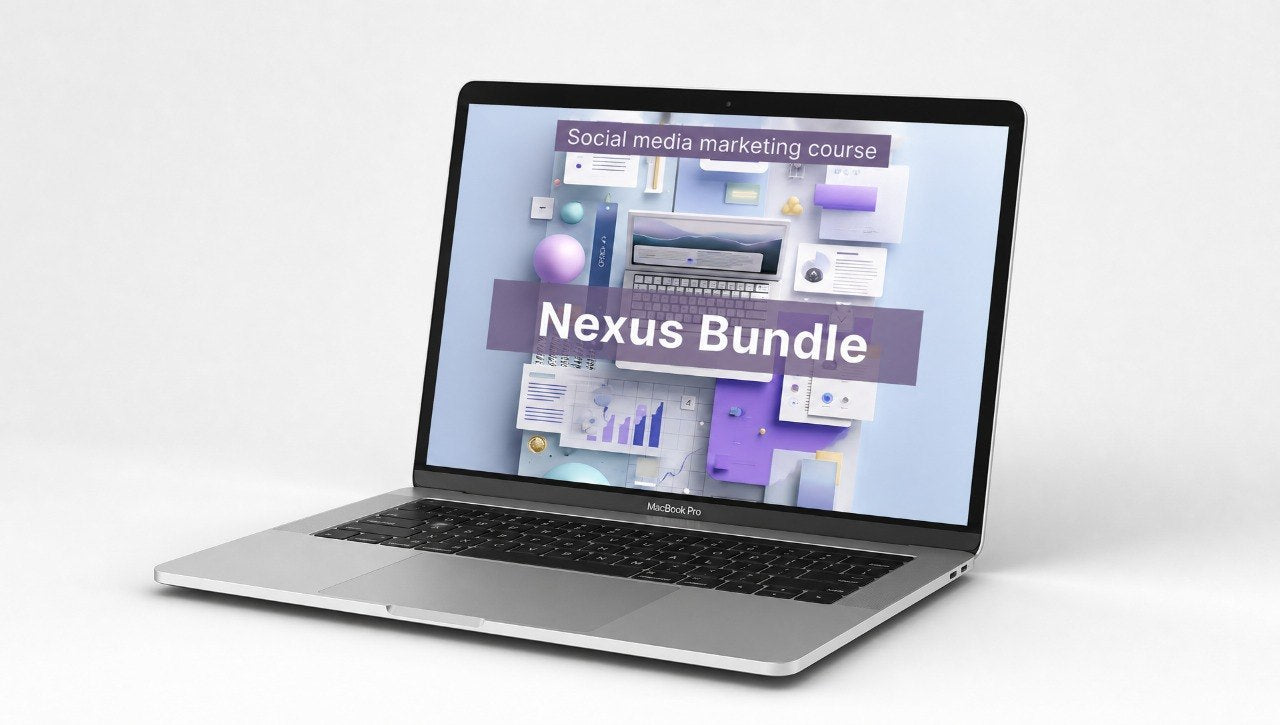 Laptop displaying a social media marketing course with 'Nexus Bundle' on the screen.