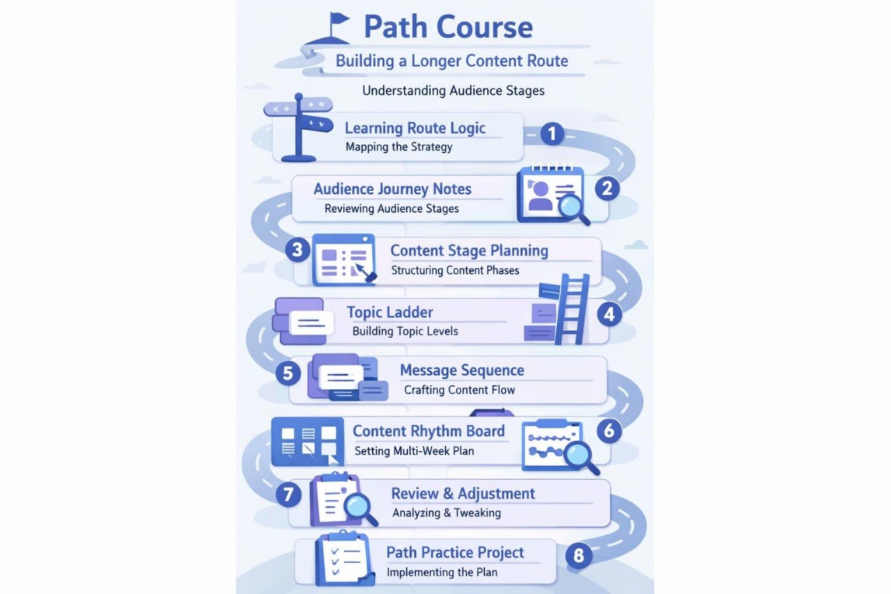 Path Course diagram with steps for building a longer content route on a white background