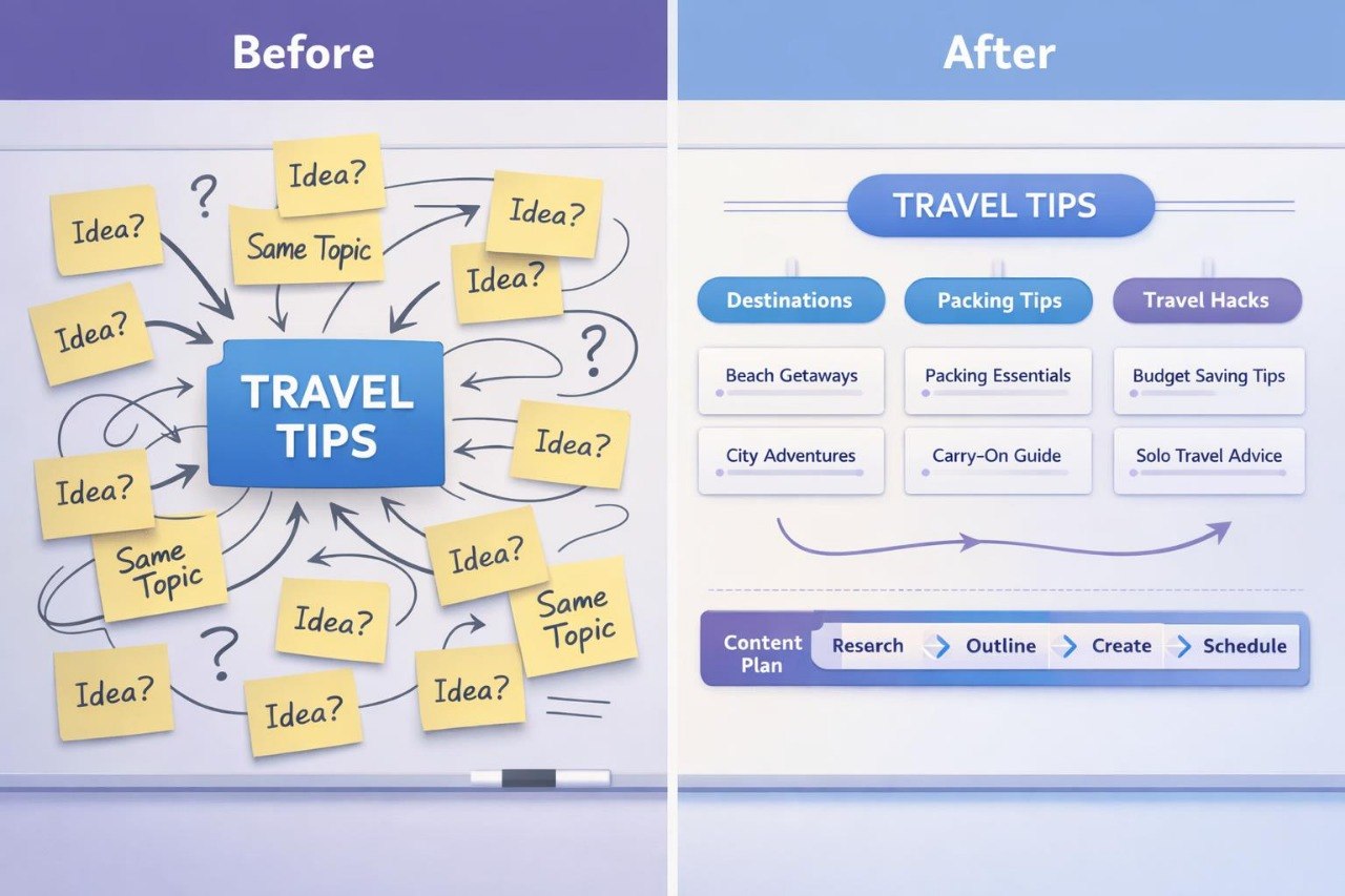 Comparison of 'Before' and 'After' travel tip organization with sticky notes and text boxes.