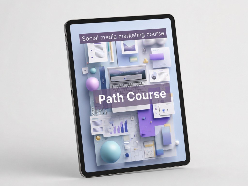 Tablet displaying a social media marketing course with a purple and white theme on a light gray background.