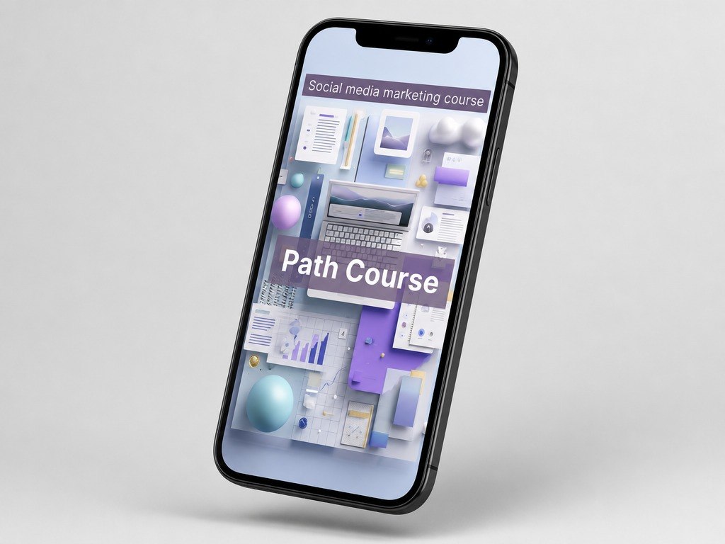 Phone displaying a social media marketing course on a light gray background