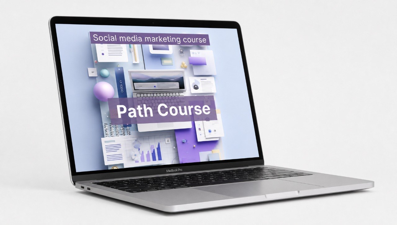 Laptop displaying a social media marketing course on a white background