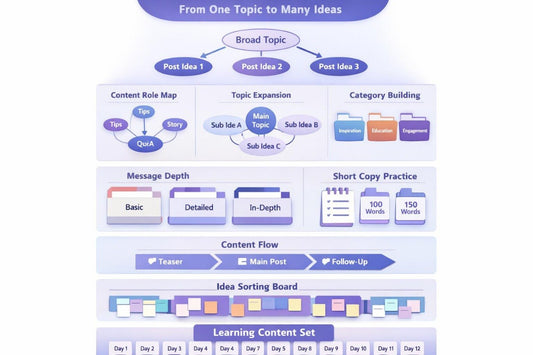 Diagram of content creation process with various stages and tools on a white background