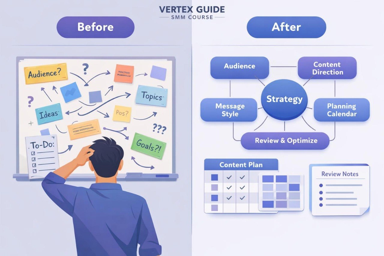 Illustration of a person looking at a whiteboard with SMM course content before and after a Vertex Guide intervention.