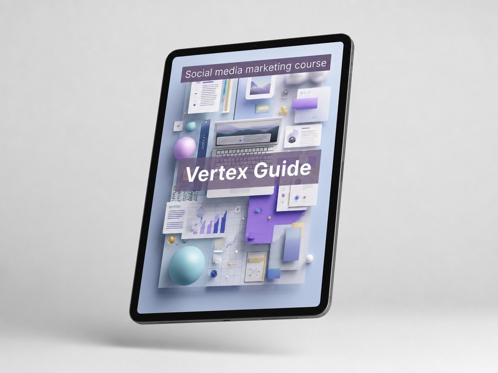 Digital tablet displaying a social media marketing course with 'Vertex Guide' on a white background