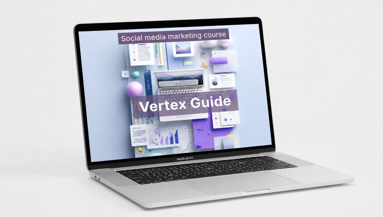 Laptop displaying a social media marketing course with 'Vertex Guide' branding on a white background