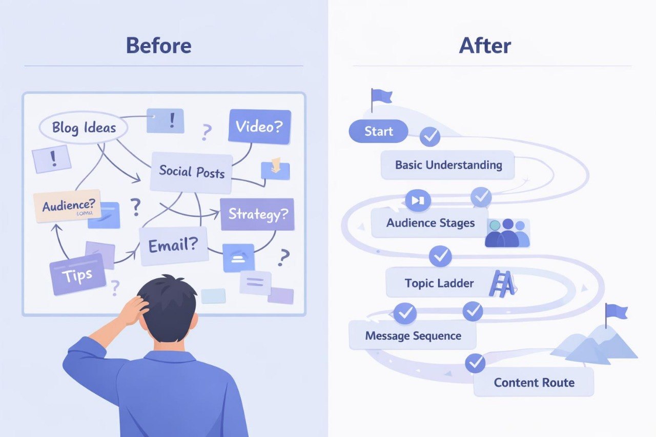 Person looking at a whiteboard with content strategy before and after improvement on a light blue background