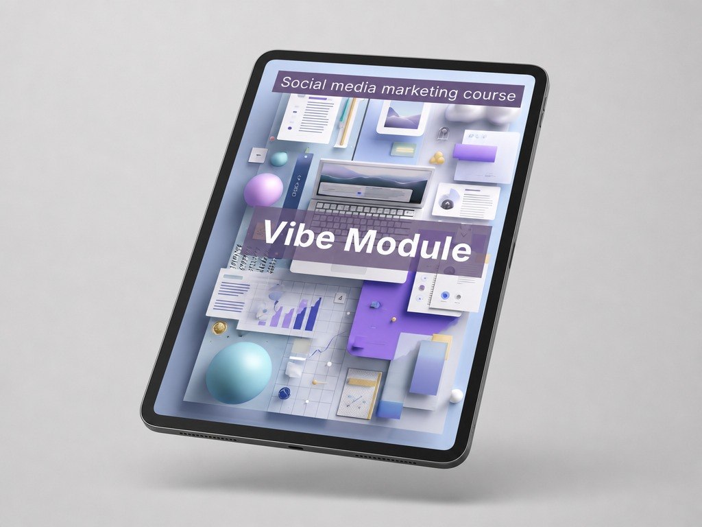 Tablet displaying a social media marketing course with 'Vibe Module' on a light gray background