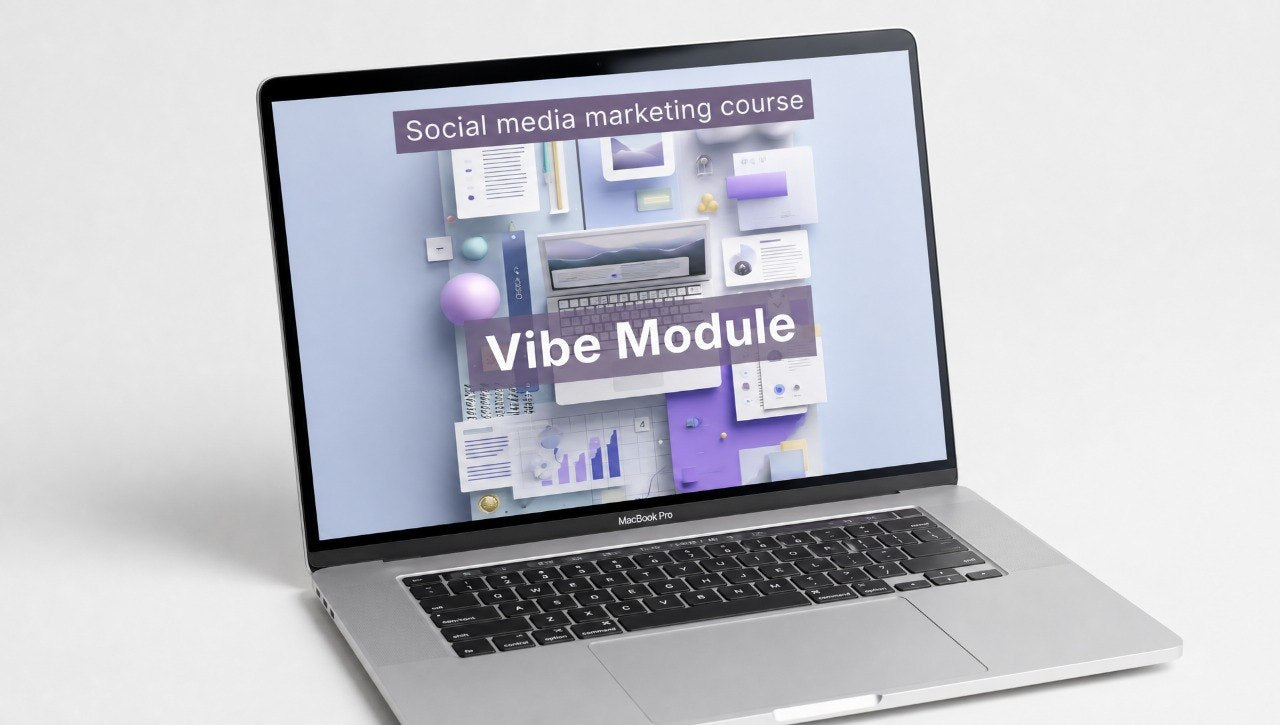 Laptop displaying a social media marketing course with 'Vibe Module' on the screen.